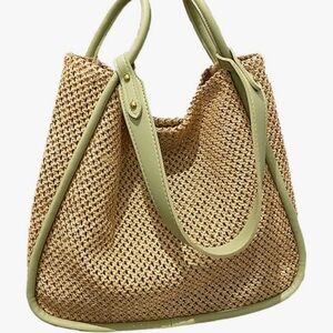 Woven Straw Tote Bag with Sage Trim - comes w/ large pouch.